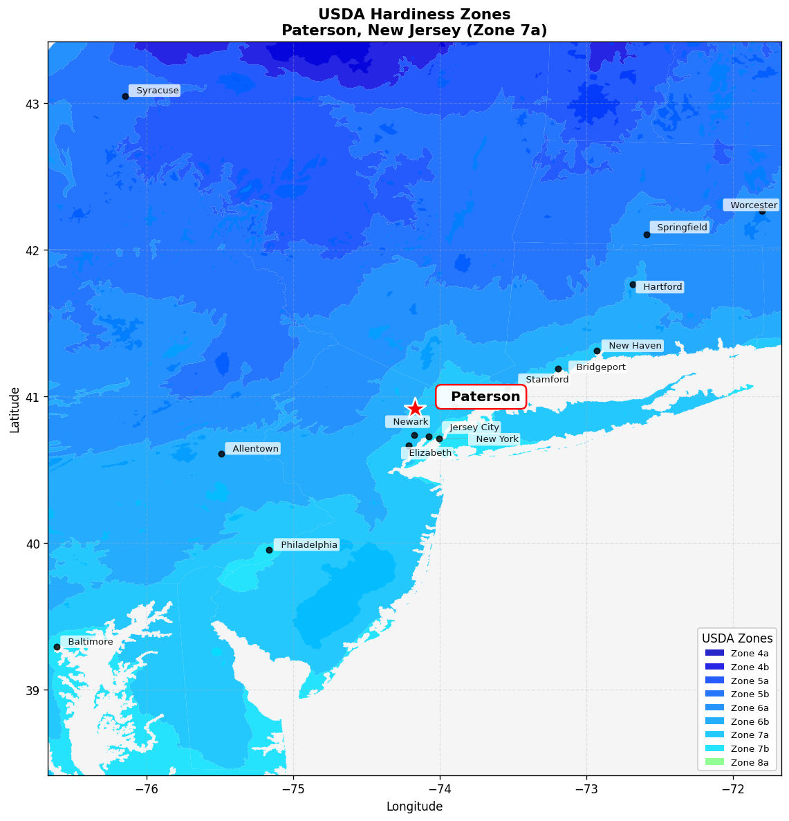 USDA Hardiness Zone 7a Map for Paterson, NJ